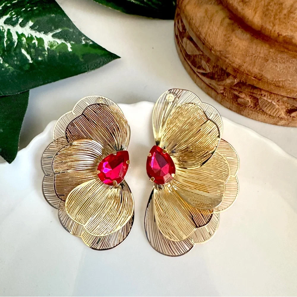 Gold Metal Flower Earrings Pink Stone Delicate Petals Jumbo Garden Jewelry NEW